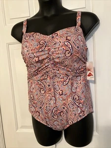 Lands End Paisley Tan Blue Orange Swimsuit One Piece 18W PLUS Soft Cups - Picture 1 of 6