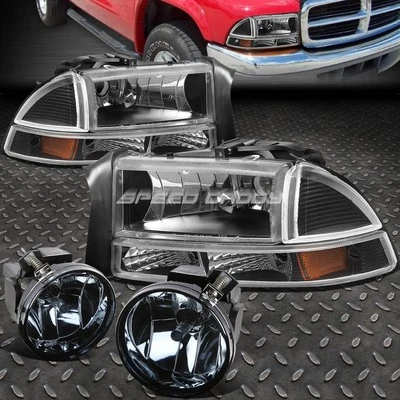 BLACK AMBER 4PC HEADLIGHT+SMOKE BUMPER FOG LIGHT FOR 01-04 DODGE DAKOTA/DURANGO — 第 1/4 张图片