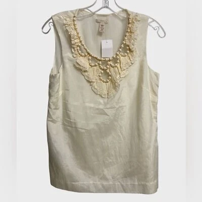 NUEVO CON ETIQUETAS J. Top sin mangas Crew de algodón y seda con cuentas para mujer talla 4 marfil preppy hada Foto 1 de 4