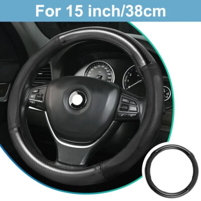 For Hyundai Carbon Fiber Leather 15" Car Auto Steering Wheel Cover w/ Inner Ring - Image 1 of 4