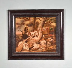 Dipinto olio su tavola vintage scena di caccia con coniglio e cani di F. Holster - Foto 1 di 12