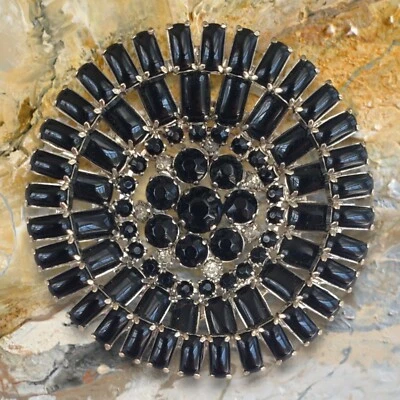 Vintage Layered Pinwheel Prong Set Black & Clear Glass Stones Brooch - Image 1 of 4