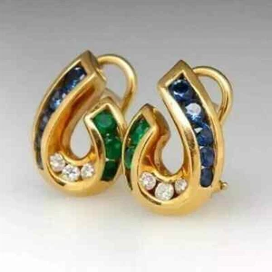 14K Yellow Gold Plated 2Ct Round Lab Created Blue Sapphire Women's Hoop Earrings - Picture 1 of 5