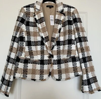 Ann Taylor 10 Lady Jacket Black White Tan Plaid Fringe Trim - Image 1 of 4