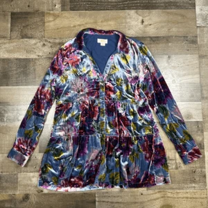 Maeve Anthropologie reverie womens small Velvet Tiered Tunic Top Floral Blue Pur - Picture 1 of 8