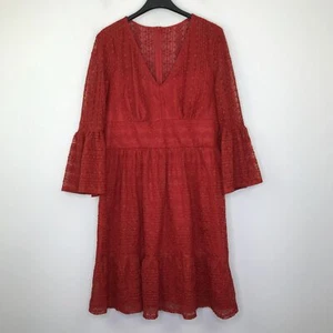 London Times Women's 14 Dress Red Lace Tiered Bell Sleeve V-Neck A-Line CU1 - Picture 1 of 5