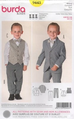 Burda Sewing Pattern 9443 Suit Jacket Trousers Waistcoat Boys Size 2 - 8 NEW - Image 1 of 4