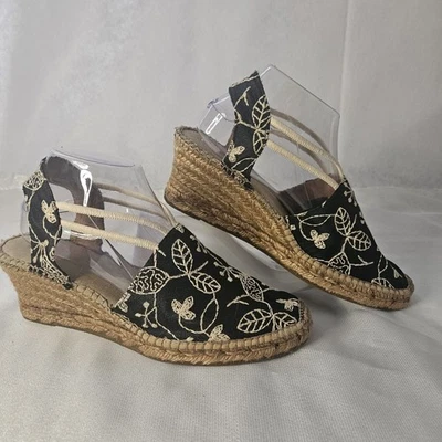 Elena Solano Black Espadrille Wedges Tan Embroidery Made in Spain Size 10 Floral - Image 1 of 4