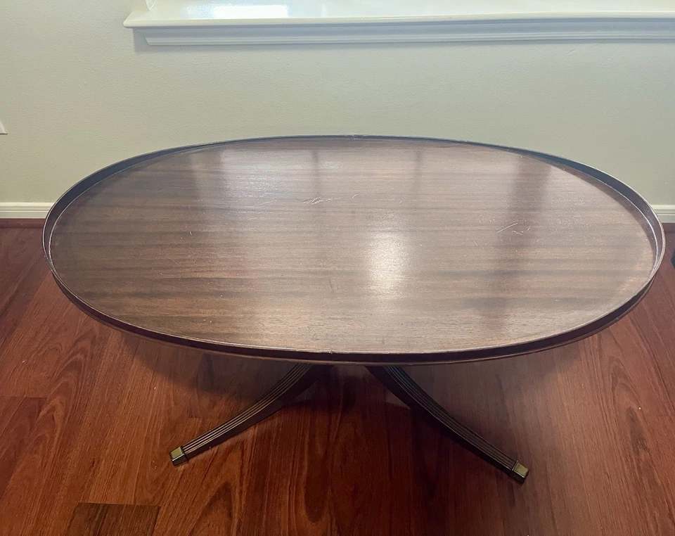 Vintage Mersman oval mahogany single pedestal coffee table  oval top - Image 1 of 4