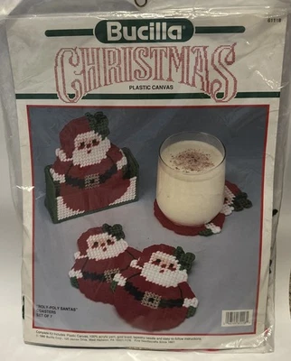 Bucilla "Roly-Poly Santa's" Christmas Plastic Canvas 6 Coasters/Holder Kit~NEW - Image 1 of 2