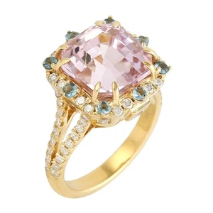 Anello aureola in oro giallo 18 carati rosa kunzite diamante zaffiro... - Foto 1 di 6