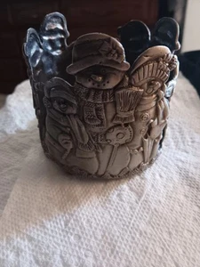 Pewter Snowman Family Candle Holder With Glass Bottom Used But In Good Condition - Picture 1 of 3