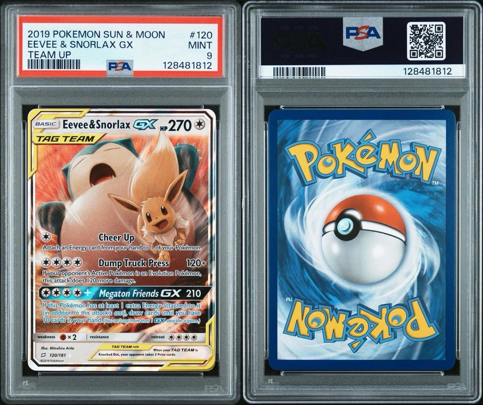 2019 POKEMON SUN & MOON TEAM UP #120 EEVEE & SNORLAX GX PSA 9 - Image 1 of 1