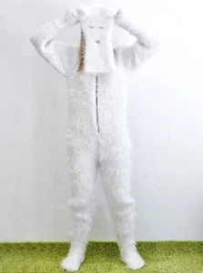 White fuzzy mohair catsuit bodysuit thick fuzzy overall mittens socks balaclava - Picture 1 of 8