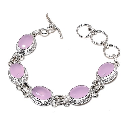 VALENTINO "Bracciale Gioielli Pietra Preziosa Quarzo Rosa Rosa Fatto a Mano Argento Sterling 925 Taglia 7 8""