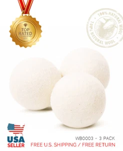 XL 3er Pack EcoJeannie Wolle Trocknerbälle - 100% Schurwolle Neuseeland, min 3" 58g - Bild 1 von 10