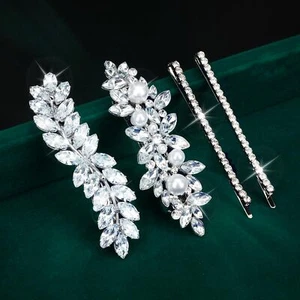 Hair Clips 4Pcs Rhinestone Hair Pins for Women Silver Bridal Barrettes Weddin... - Picture 1 of 8