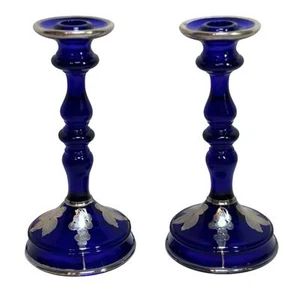 Vintage Cobalt Blue Pressed Glass Candlesticks Silver Plated Overlay 9" Tall - Picture 1 of 11