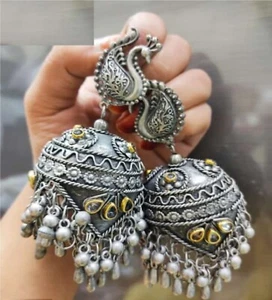 Indian Traditional Bollywood Ethnic Kundan Boho Silver Oxidized Earrings Jewelry - Picture 1 of 5