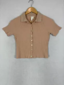 H&M Womens Shirt Sz Small Viscose Stretch Button Up Cropped Collared Ribbed Knit - Picture 1 of 11