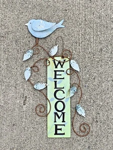 Vintage Primitive Rustic Distressed Bluebird WELCOME Farmhouse Plaque 💜sj7m5s - Picture 1 of 12