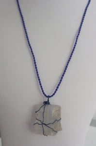 Wire Wrapped Natural Blue Chalcedony Large Nugget Pendant on an 18.5" Blue Cord - Picture 1 of 4