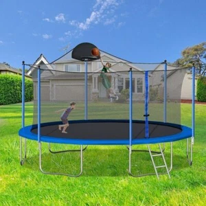 14FT Trampoline with Safety Enclosure Net, Spring Pad, Ladder, Basketball Hoop - Picture 1 of 15