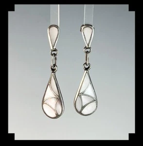 Vintage Sterling Silver and Inlay Mother of Pearl Earrings - Picture 1 of 5