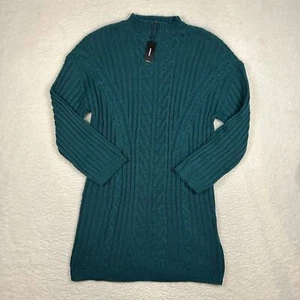 Express Size L Cable Knit Sweater Dress Mock Neck Long Sleeve Mini Deep Teal NEW - Picture 1 of 12