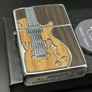 Zippo Accendino in ottone argento chitarra antica marrone lavorazione doppio lato Giappone - Foto 1 di 17