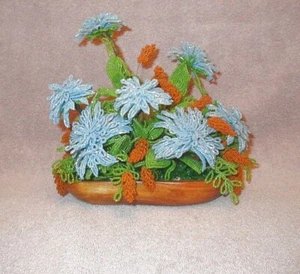 Vtg French Glass Beaded Flower Arrangement Table Decor Wood Planter Spider Mums - Picture 1 of 11