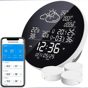For Tuya Wifi Smart Weather Station With Clock Temperature Humidity Meter Clock - Picture 1 of 12