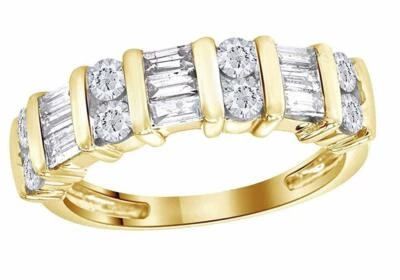 Anillo de boda de diamantes con forma redonda y baguette de 1 quilate de oro amarillo de 14 quilates Foto 1 de 4