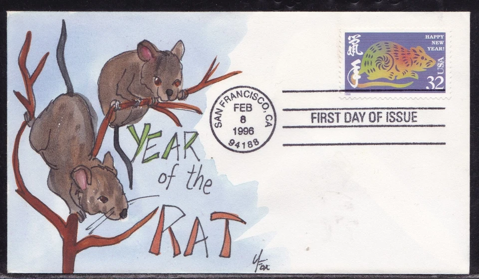 SCOTT 3060 CHINESE LUNAR YEAR OF RAT FOX HAND PAINTED FIRST DAY COVER FDC - Image 1 of 1