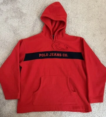Vintage Ralph Lauren Polo Jeans Co. Men's Small Red Hoodie Fleece Sweatshirt - Image 1 of 4