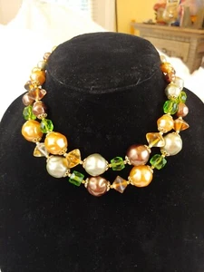 Vintage MCM 1950s Peach Gold Green Brown Bead Costume 2 Strand Necklace VGUC!  - Picture 1 of 6
