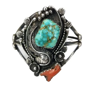 Brazalete Brazalete De Colección Plata Esterlina Turquesa Coral Firmado AK Nativo Navajo  - Imagen 1 de 9
