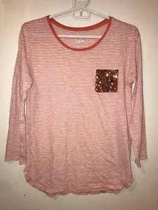 Justice Top Girls 18 Orange White Striped Long Sleeve Bling Pocket *Flaw - Picture 1 of 6