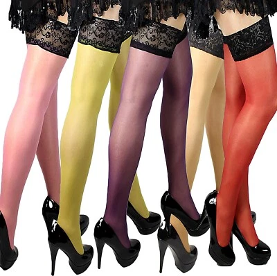 Halterlose Strümpfe Spitzenband breite Spitze Farben mit Lycra Gr S-XXL Naht EU - Bild 1 von 4
