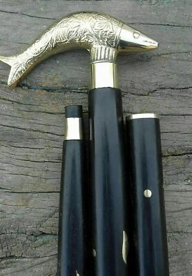 Bastón De Madera Con Mango De Cabeza De Pez De Plata Y Latón Hecho A Mano Regalo - Imagen 1 de 4