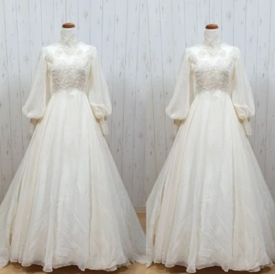 Muslim Chiffon Wedding Dresses Long Sleeves High Neck Full Length Bridal Gowns - Image 1 of 4