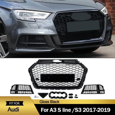 RS3 Style Front Grill & Fog Lighr Grille Covers For 2017-2020 Audi A3 S Line S3 — 第 1/4 张图片