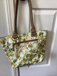 Tignanello lg leather bag green leaves bees yellows white tan trim shoulder bag - Picture 1 of 9