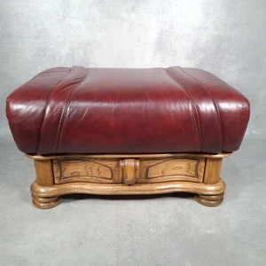 Vintage Leather Ox Blood Footstool Pouffe + Storage Drawer Large Ornate Oak Base - Picture 1 of 13