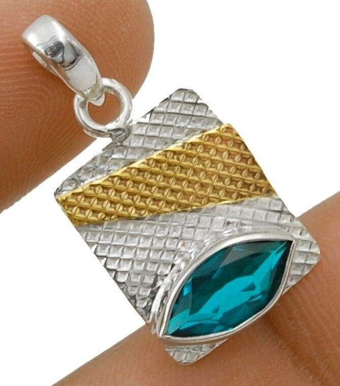 Natural Two Tone 3CT Apatite 925 Solid Sterling Silver Pendant 1 1/5" Long @7-9 - Image 1 of 1