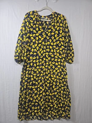 Zara Yellow Navy Floral Print Half Button Front Midi Dress Size XL 3/4 Sleeves - Image 1 of 4