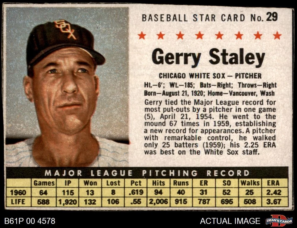 1961 Post Cereal #29 Gerry Staley  Hand Cut White Sox 5 - EX - Image 1 of 1