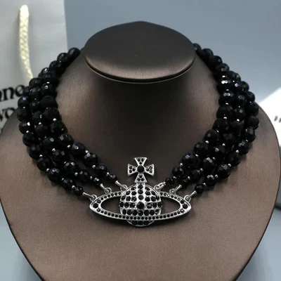 Gargantilla collar Vivienne Westwood Messaline triple tres filas gema negra plata Foto 1 de 4