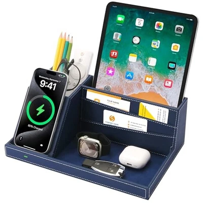 Organizador de Escritorio con Estación de Carga, Mesita de Noche Organizador Teléfono Acoplamiento Azul Foto 1 de 4