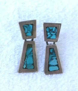 Vintage Sterling Taxco Mexiko Türkis Chip-Inlay Ohrhänger signiert TR-71 925  - Bild 1 von 8